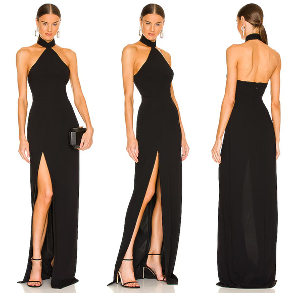 Amanda Uprichard | Queen Gown in Black Halter Neck Maxi Dress w/ Slit S - Picture 1 of 16